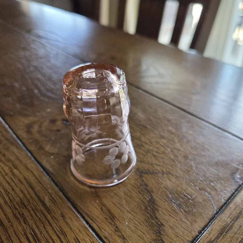 Vintage Pink Depression Shot Glass With Etched Flowers